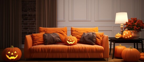 Interior of dark living room with Halloween pumpkins.