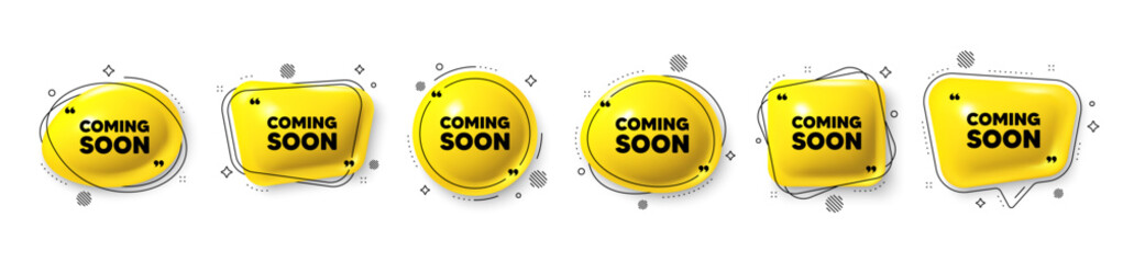 Obraz premium Coming soon tag. Speech bubble 3d icons set. Promotion banner sign. New product release symbol. Coming soon chat talk message. Speech bubble banners with comma. Text balloons. Vector