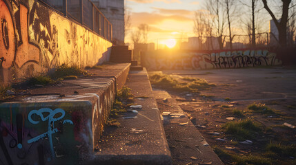 sunrise on graffiti stairs in urban area