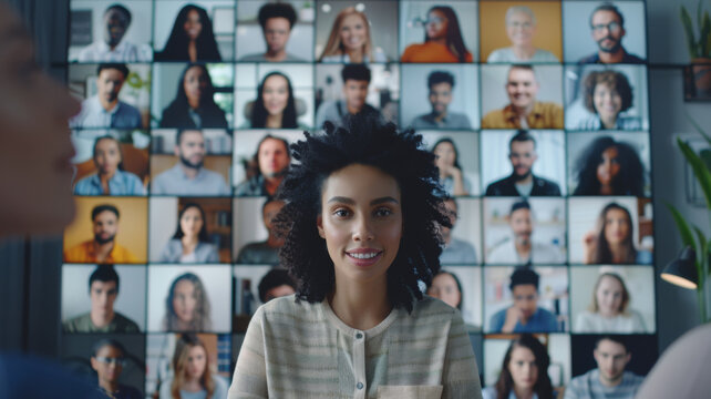 Diverse group of smiling faces on a video call, displaying connectivity. - Powered by Adobe