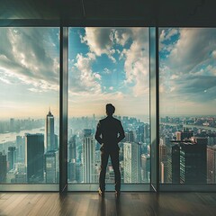 Fototapeta premium AI Generated businessman standing in office in front of a floor-to-ceiling glass window.