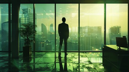 AI Generated businessman standing in office in front of a floor-to-ceiling glass window.