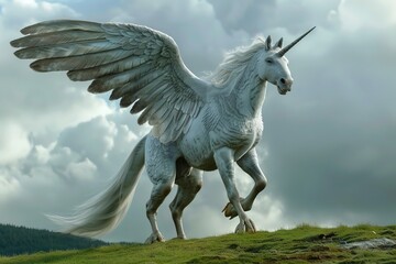 Obraz na płótnie Canvas Horse in the field and on the hill, a white horse stands amidst nature's beauty Illustration combines elements of art, animal, and mythology, featuring wings, silhouette, and flying creatures