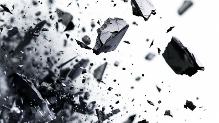 Shattered glass flying in mid-air, capturing chaos frozen in time.