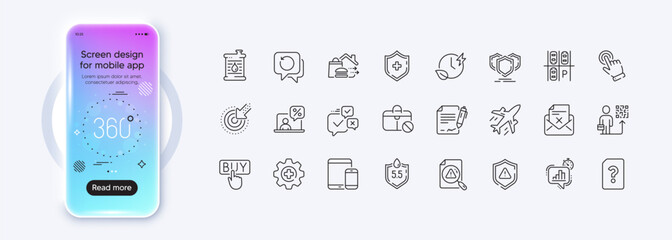 Reject letter, Unknown file and Statistics timer line icons for web app. Phone mockup gradient screen. Pack of Leadership, Search document, Ph neutral pictogram icons. Vector