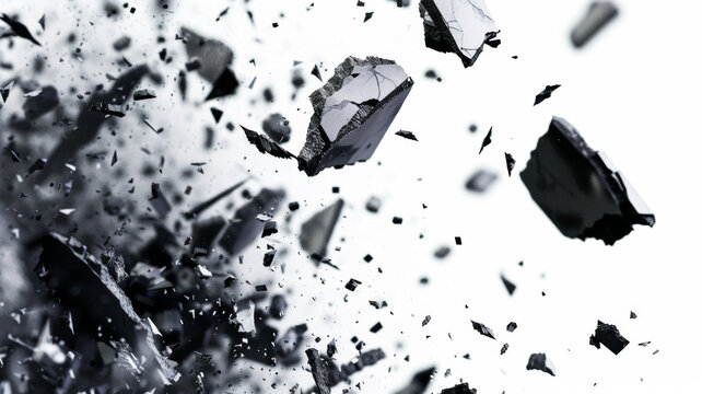 Shattered glass flying in mid-air, capturing chaos frozen in time.