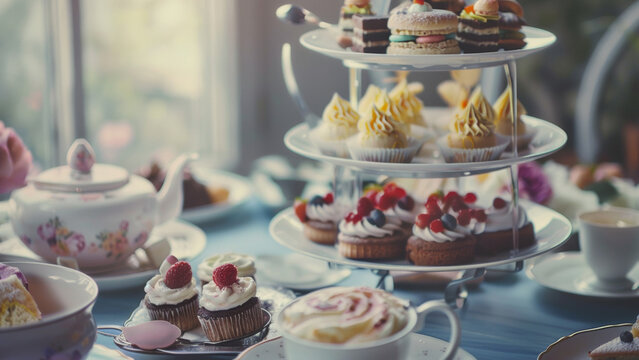 Delectable high tea arrangement with an assortment of sweet treats.