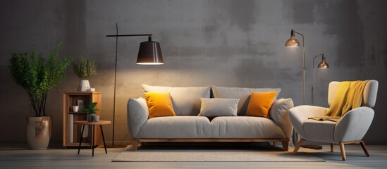 living room with comfortable gray sofa, armchairs and glowing lamp.