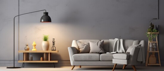 living room with comfortable gray sofa, armchairs and glowing lamp.