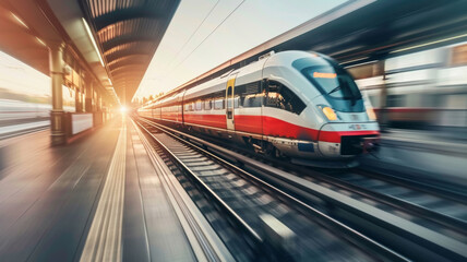High-speed train blurring through a station at sunset.