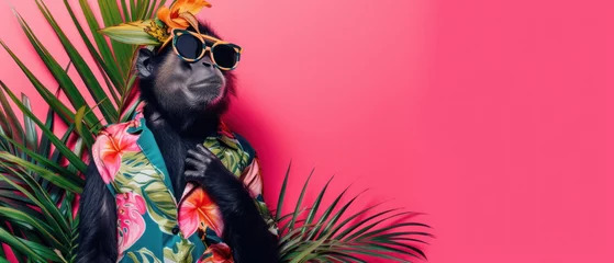 Tuinposter Stylish monkey in a cool pose wearing a colorful tropical Hawaiian shirt and sunglasses shades isolated on a solid vivid pink exotic background. Animal vacation concept banner with empty copy space © Patrycja