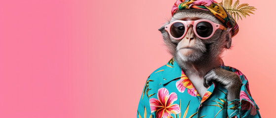 Stylish monkey in a cool pose wearing a colorful tropical Hawaiian shirt and sunglasses shades isolated on a solid turquoise blue green background. Animal vacation concept banner with empty copy space