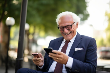 Joyful senior man texting on phone in urban setting.