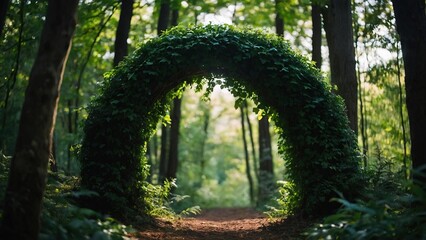 Natural archway formed by green branches in a panoramic forest scene