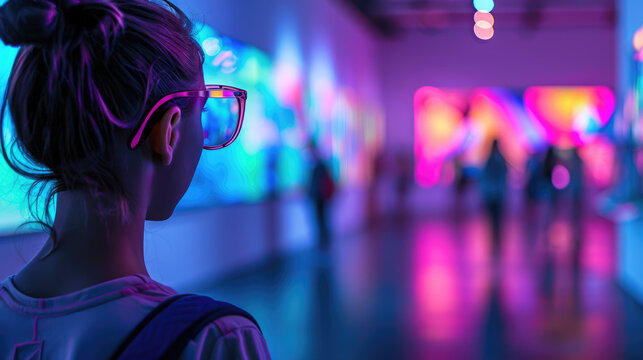 Beautiful young woman at a contemporary art exhibition