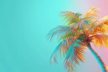 Zelfklevend Fotobehang Tropical palm tree with sun light. Summer vacation wallpaper. Fluorescent colours © allasimacheva