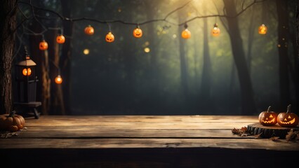 Rustic wooden table set against a backdrop of halloween