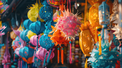 Bright and colorful street decor creating a festival atmosphere