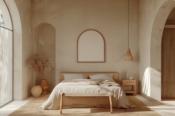 Mockup of blank frame in minimalistic interior, bedroom with beige bed, large window and wooden furniture, warmcore style, earth brown tones, neutral sculpted organic design, AI generated