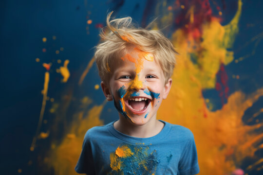 Excited Child with Face Paint and Colorful Background