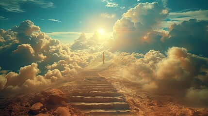 Jesus Christ ascends the stairs in clouds to heaven, Easter biblical story of the resurrection and ascension of Christ, AI generated