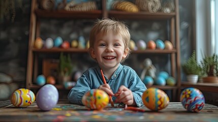 Fototapeta na wymiar Little boy is paining Easter eggs with paint and brush, kid is happy, he is smiling, funny Easter moment, AI generated