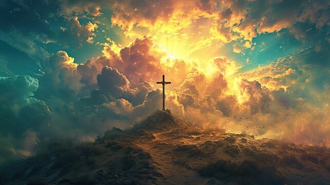 Calvary hill with an empty cross on top, the resurrection of Jesus in Easter day, religious plot, against the backdrop of a cloudy sky and desert, AI generated - Powered by Adobe
