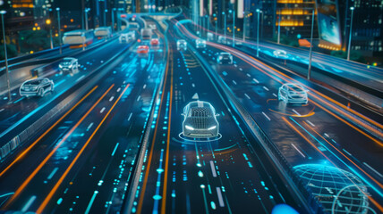 Futuristic autonomous vehicle on a vibrant, illuminated city highway.