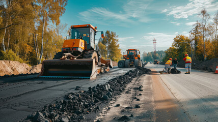 Road construction with workers and heavy machinery in a vibrant daylight scene.