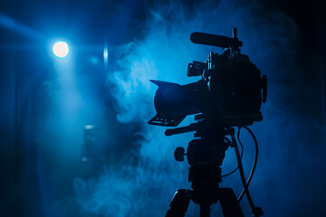 Professional video camera silhouette in the dark with blue light