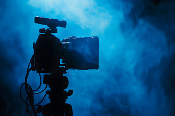 Professional video camera silhouette in the dark with blue light