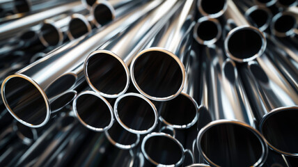 An intricate pattern of shiny metal pipes, showcasing industry and engineering.