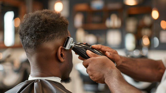 Barber meticulously trims a client's hair. The concept focuses on skilled grooming and style.
