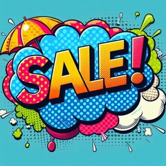 Sale! on a cloud in bright colors, pop-art style. AI generated illustration