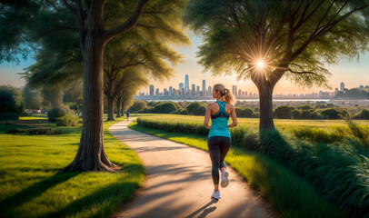 A woman is jogging on a tree-lined path towards a city skyline.