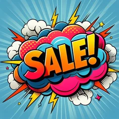 Foto op Aluminium Sale! on a cloud in bright colors, pop-art style. AI generated illustration © vector_master