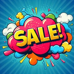 Sale! on a cloud in bright colors, pop-art style. AI generated illustration