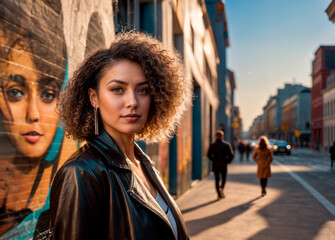 A woman with curly hair and leather jacket stands on a city sidewalk.