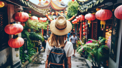 Fototapeta na wymiar European girl tourist exploring the narrow streets of old cities in Asia