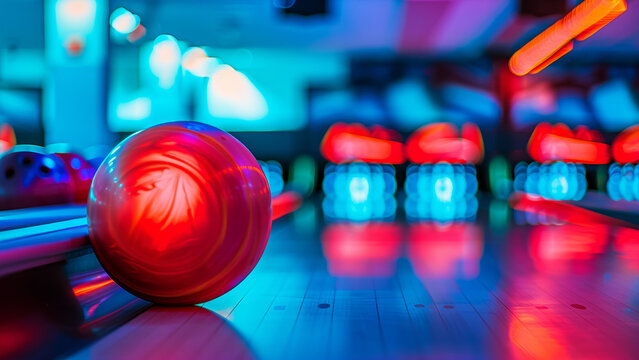 Vibrant bowling alley bustling with energy and colorful neon lights.