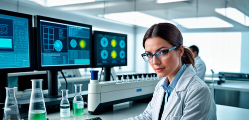 A female scientist in a lab coat and glasses is typing on a keyboard in front of a monitor. 