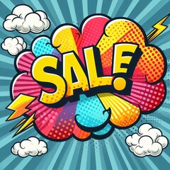 Fototapeta premium Sale! on a cloud in bright colors, pop-art style. AI generated illustration