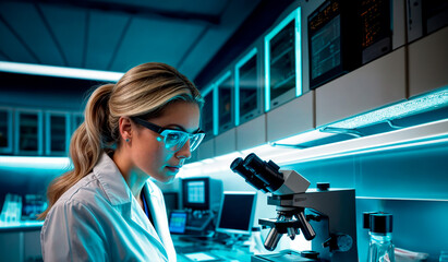A female researcher in a lab coat and protective glasses examines a sample through a microscope. 