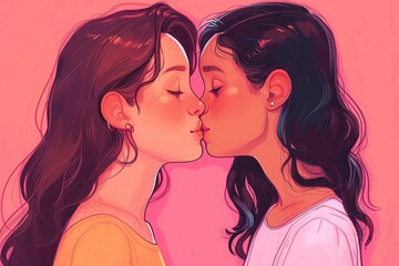 Illustration von zwei sich küssenden und verliebten jungen Frauen  - obrazy, fototapety, plakaty