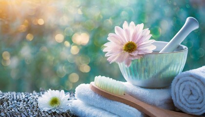 Banner background of spa with flowers and towels with calming blue bokeh background
