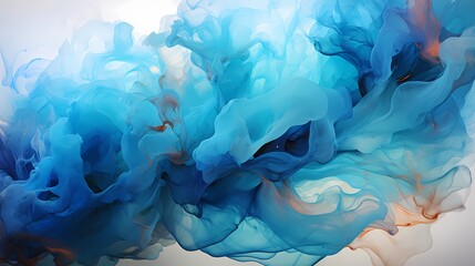 Electric blue and oceanic turquoise liquids collide, creating an explosion of energy that fills the air with swirling abstract patterns. HD camera captures the intense collision with precision
