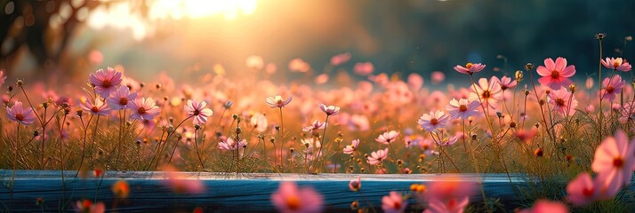 Panoramic floral background, web banner with gentle lilac and pink anemone flowers, spring meadow in sunrise, natural view, AI generated