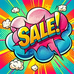 Fotobehang Sale! on a cloud in bright colors, pop-art style. AI generated illustration © vector_master