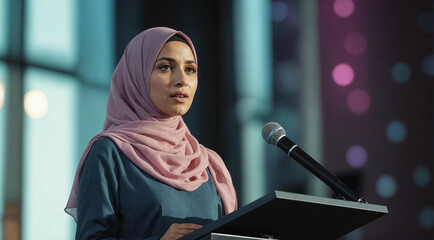 Arab muslim businesswoman speaks at stage during the conference or meeting. Islamic businessperson talking in public