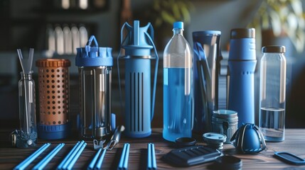 Assortment of Water Filtration Systems, collection of modern water filters and reusable bottles, arranged to emphasize sustainable hydration solutions